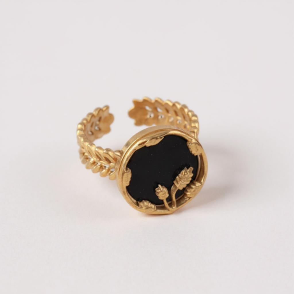 bague dorée acier inoxydable 316 L style "Art Deco' pierre noire. – Image 3
