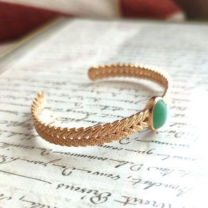 Bracelet Jonc feuillage "Epi" en  plaqué or pierre naturelle Aventurine