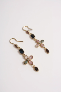 Boucles d’oreilles pendantes en acier inoxydable 316L doré avec pierres naturelles rosé. ligne verticale, pierre goutte. Livraison offerte dés 69€.