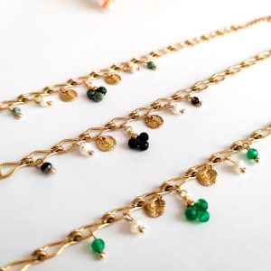 Bracelet "LENA" doré en acier inoxydable 316L  pampilles  Perles nacre & vertes