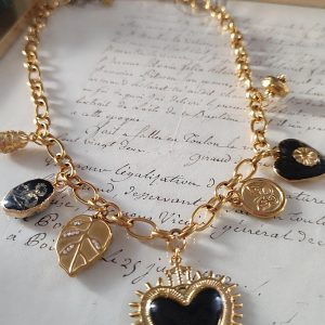 Collier doré acier inoxydable 316 L "Cœur Sacré" breloque Charm's Noir et or