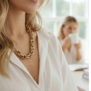 L’audace du style rétro : découvrez le collier Amel grosses mailles en acier inoxydable 316L doré. Un bijou vintage lumineux et puissant. Livraison offerte dés 69€.